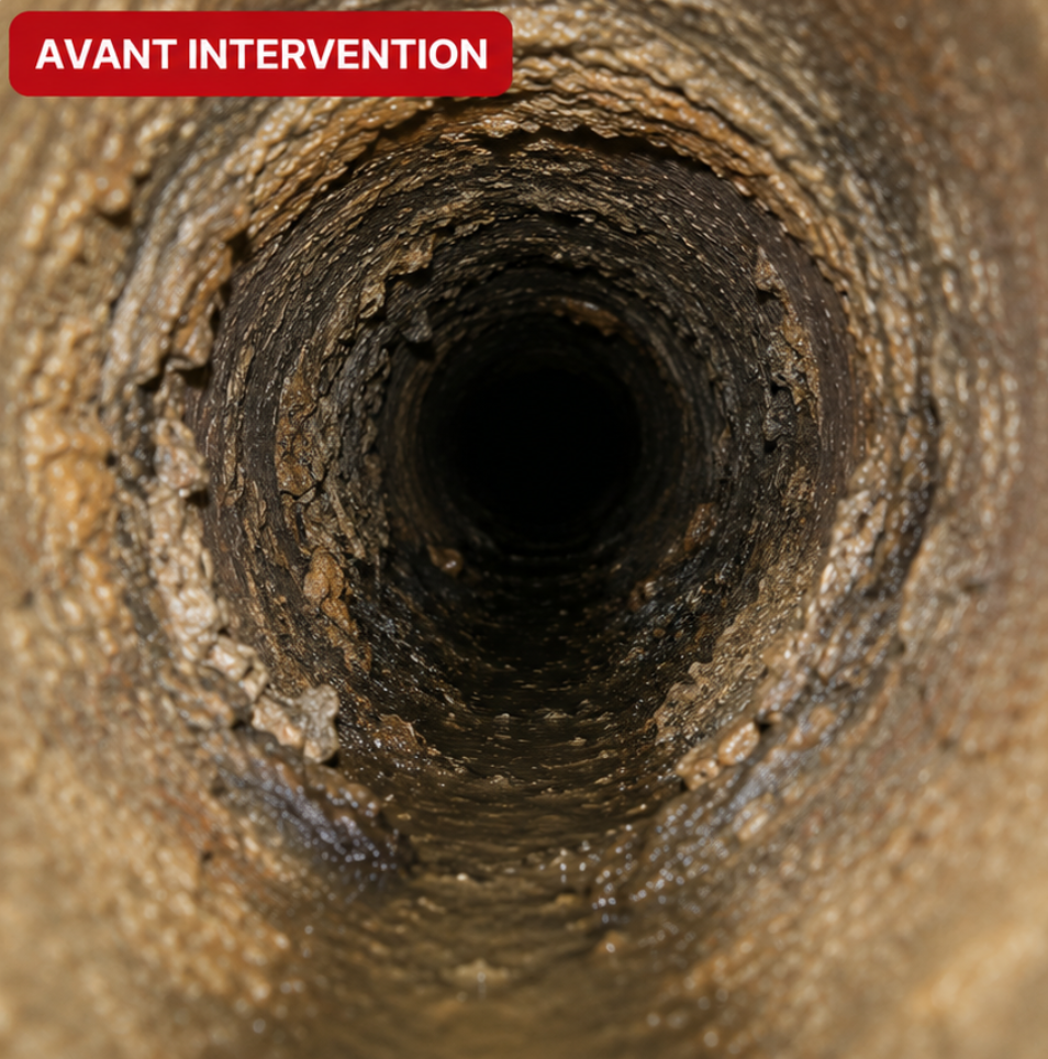 Intérieur de canalisation avant chemisage — corrosion, dépôts et fissures visibles à la caméra